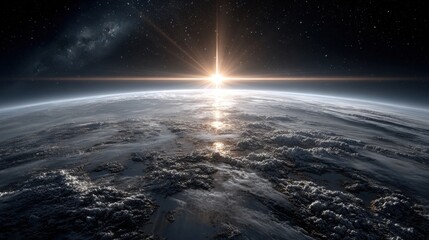 Wall Mural - a stunning view of earth at sunrise highlights the planet's clouds illuminated by soft light. outer 