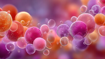 Wall Mural - a group of bubbles float against a gradient backdrop of purple and orange, with an out-of-focus depi
