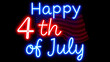 © Aleksey - A Glowing Neon Sign that Says 'Happy 4th of July' in Vibrant Electric Blue, Red and White Colors