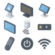 © Coosh448 - Digital Signage Icons. Isometric Flat icon set of digital signage screens: touchscreen kiosk, LED panel, tablet stand,