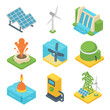 © Coosh448 - Renewable Energy Icons. Isometric Flat icon set of renewable energy generation: solar panel array, wind turbine, hydroelectric dam
