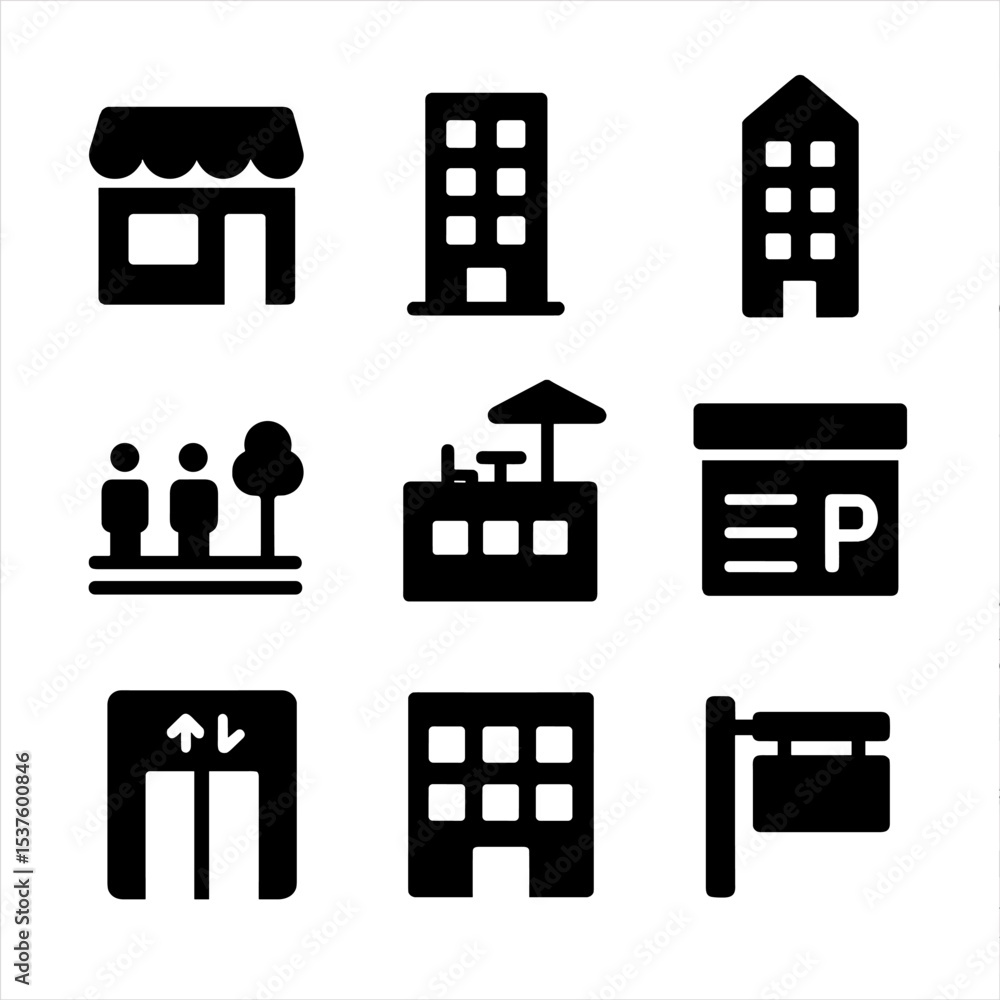 Urban Development Icons. Solid, Filled icon set of mixed-use urban ...