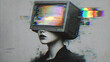 © da - Psychedelic cyberpunk woman with television head displaying rainbow glitch effects, neon lights in dark futuristic city, surreal digital art with high contrast and chaotic vibe.