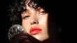 © narak0rn - A close-up portrait of a woman with glossy red lips holding a sparkling crystal, illuminated dramatically with shadows highlighting her facial features.