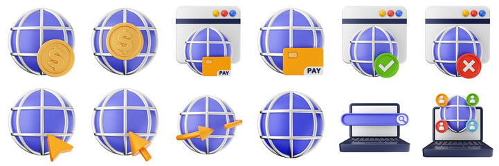 3d website webpage data digital communication icon set bundle illustration