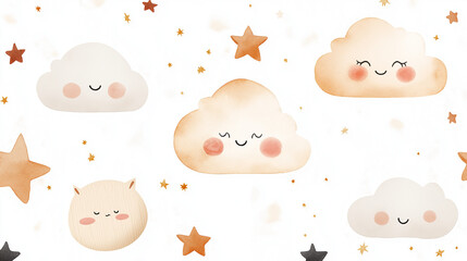 Wall Mural - celestial whispers: a dreamy watercolour composition of smiling, anthropomorphic clouds and twinklin