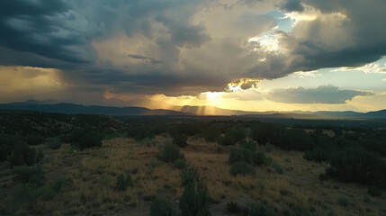 Wall Mural - dramatic sky with scattered sunbeams breaking through clouds over mountainous landscape, creating se