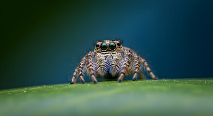 Macro Shot of a Jumping Spider with Striking Green Eyes on a Leaf