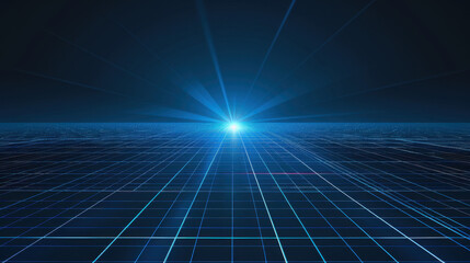 Wall Mural - futuristic digital landscape featuring glowing blue light horizon, with grid pattern extending into 