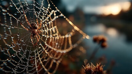 Spider on Dewy Web at Sunrise, Macro Detail, Golden Hour