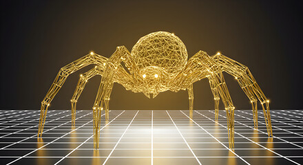 Abstract 3D Render of a Golden Spider on a Grid Background, Digital Art