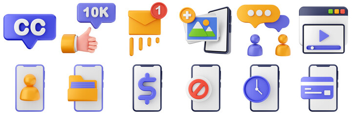 3d social media network marketing application smartphone share like love follow online posting icon set bundle illustration