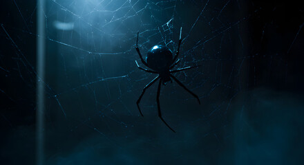 Dark photo of a spider in its web, Halloween or horror theme, nature concept