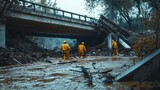 A collapsed bridge after a devastating flood, rescue workers searching for survivors