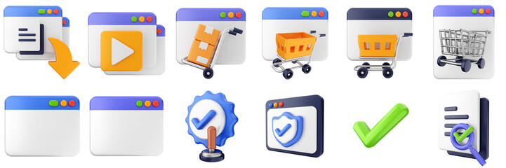 3d website webpage approved data digital communication icon set bundle illustration