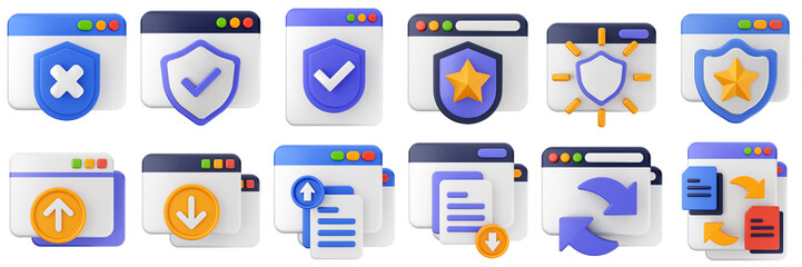 3d website webpage approved data digital communication icon set bundle illustration
