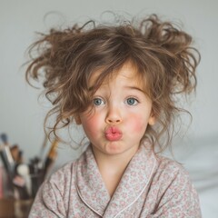 playful childhood moment: young girl with cosmetic makeup at home, minimalist lifestyle photo with c