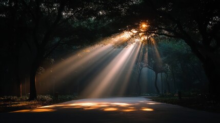 Wall Mural - Sunbeams Through Trees  Mystical Forest Path  Nature Photography