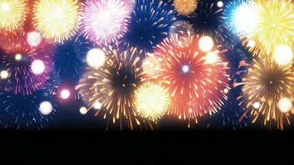Bright colorful fireworks exploding against a dark night sky. Celebration or festive event background for party or holiday greeting footage.