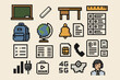 © Zahar - Pixel art: school and communication icons featuring backpack, globe, and desk items