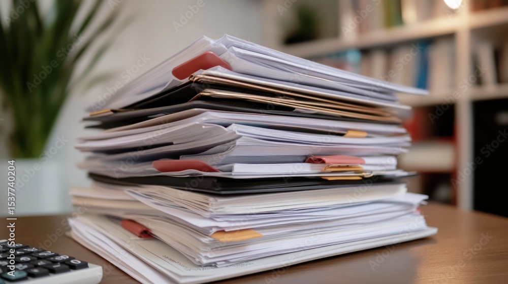 High stack of papers and files on a desk Stock Photo | Adobe Stock