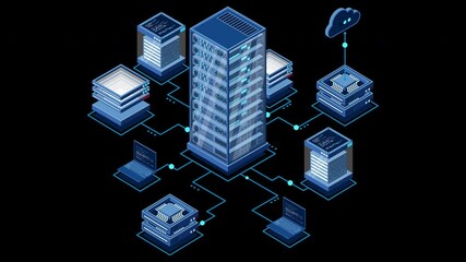 Wall Mural - isometric computer technology animation. computation of big data center. cloud computing. online dev
