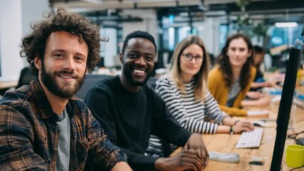 four diverse software engineers are smiling while sitting at their desks in a bright, modern office,