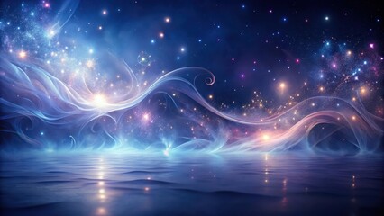 Wall Mural - Celestial Waves Reflecting on a Calm, Dreamlike Sea Under a Night Sky Adorned with Shimmering Stars and Nebulas