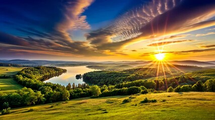 Wall Mural - sunrise over rolling hills and a serene lake with clouds drifting by
