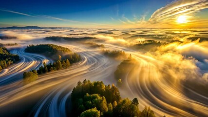 Wall Mural - golden sunrise over a misty valley with swirling clouds and lush green forests