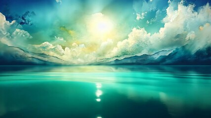 Wall Mural - tranquil teal water reflects a radiant sky with fluffy white clouds, distant mountains, and sunbeams