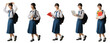 © kromkrathog - PNG, Group of Asian young girls wearing Thai school uniform happy smiling standing posing carrying a bag and holding books, holding laptop computer, Full body isolated on white background