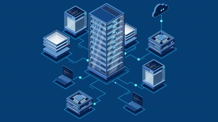 Wall Mural - isometric computer technology animation. computation of big data center. cloud computing. online dev