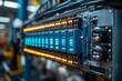 © Md - Close up view of industrial programmable logic controller with illuminated lights.