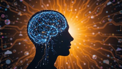 Wall Mural - Silhouette of a Human Brain Transformed by Digital Connections Against a Bright Abstract Background