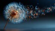 © bell - Luminous dandelion releasing glowing data particles, a concept for digital innovation, network communication, and information broadcasting.