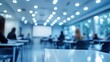 © Father_Studio - Serene Blue Classroom Atmosphere Featuring Blurred Students Attentively Listening to a Presentation in a Modern Conference Room with Bright Lighting and Large Windows