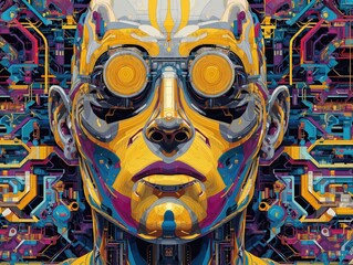 Wall Mural - A vibrant digital artwork of a futuristic humanoid robot with intricate patterns and glowing orange eyes, set against a complex circuit-like background.
