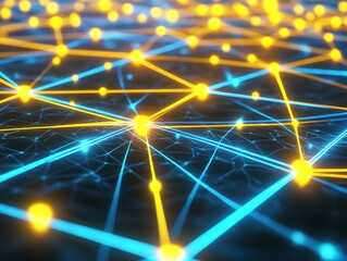 Detailed Network Grids of Yellow Nodes Intersecting Bright Blue Lines