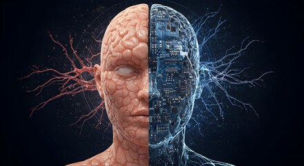 Conceptual illustration of human brain merging with artificial intelligence