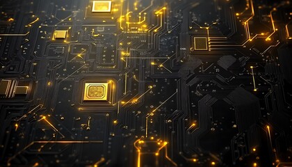 high-tech computer chips with intricate circuit patterns and golden traces