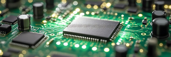 Illuminated Green Circuit Boards With Microprocessors in Focus