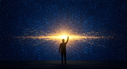 man reaching for light in a data stream, concept of technology and innovation