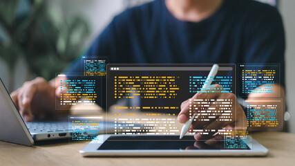 Software development concepts and programming for various devices. coding process. chart. testing platform Data analytics. Software Engineer Computer programmer.