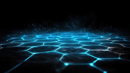 Wall Mural - Abstract futuristic hexagonal grid, glowing blue lines on dark background