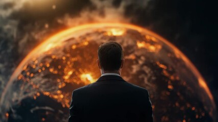 Wall Mural - Man in suit observing glowing planet with fiery surface, symbolizing global impact and future challenges, evoking awe and contemplation about universe and opportunities in space