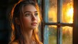 © bejopayon - Teenage girl gazing through rustic window at golden sunset