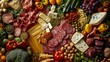 © Hiddens - Overhead shot of a colorful variety of Italian food, including meats, cheeses, vegetables, and pasta.