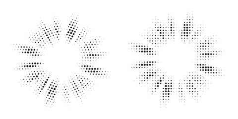 Halftone circle frame background set. Round border Icon using halftone random circle. Grunge circular stain. Vector illustration.