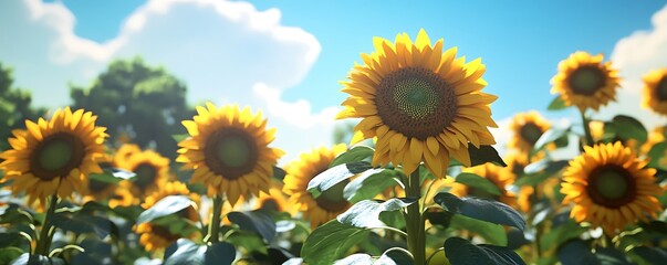 A garden of vivid sunflowers swaying gently against a bright blue sky